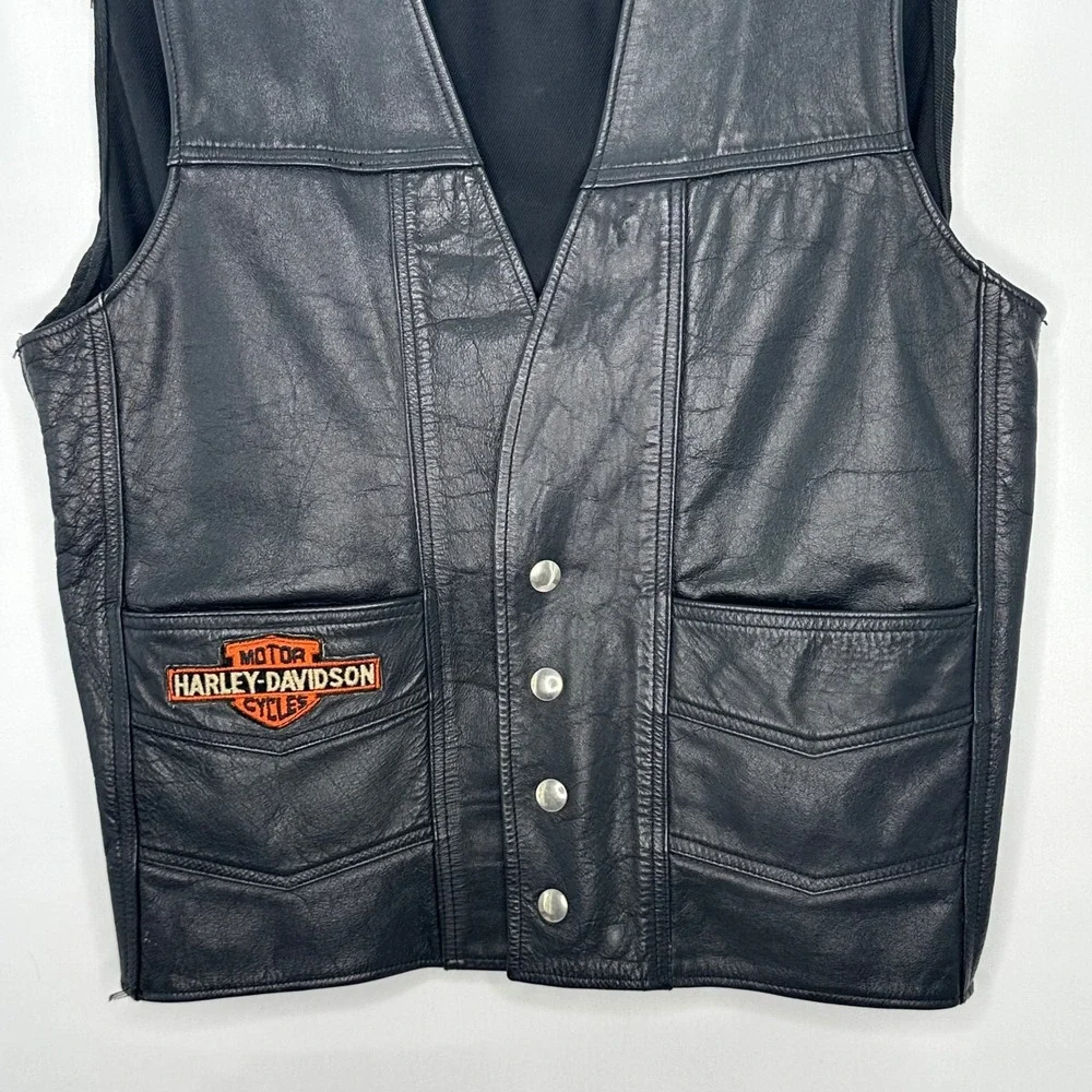 Vintage 70s AMF Harley-Davidson Leather Biker Vest Men M Canvas Patch Bar Shield